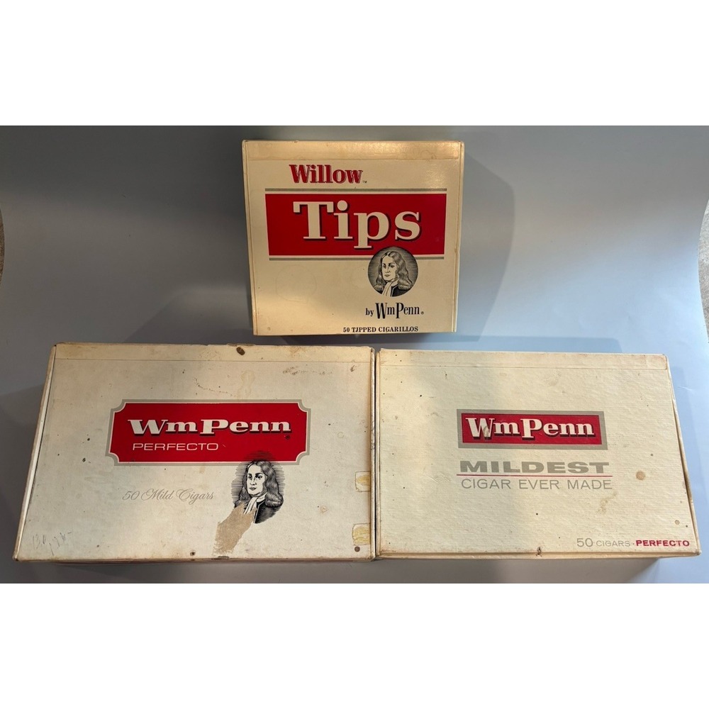 3 VINTAGE Wm PENN PERFECTO CIGAR BOX & WILLOW TIPS